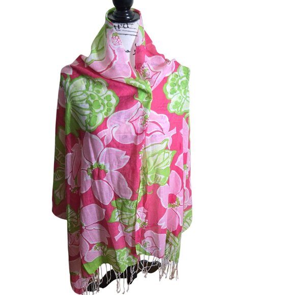Lilly Pulitzer Murphree Silk Cashmere Pink Floral Fringe Scarf Wrap 27"x82" - Picture 2 of 6